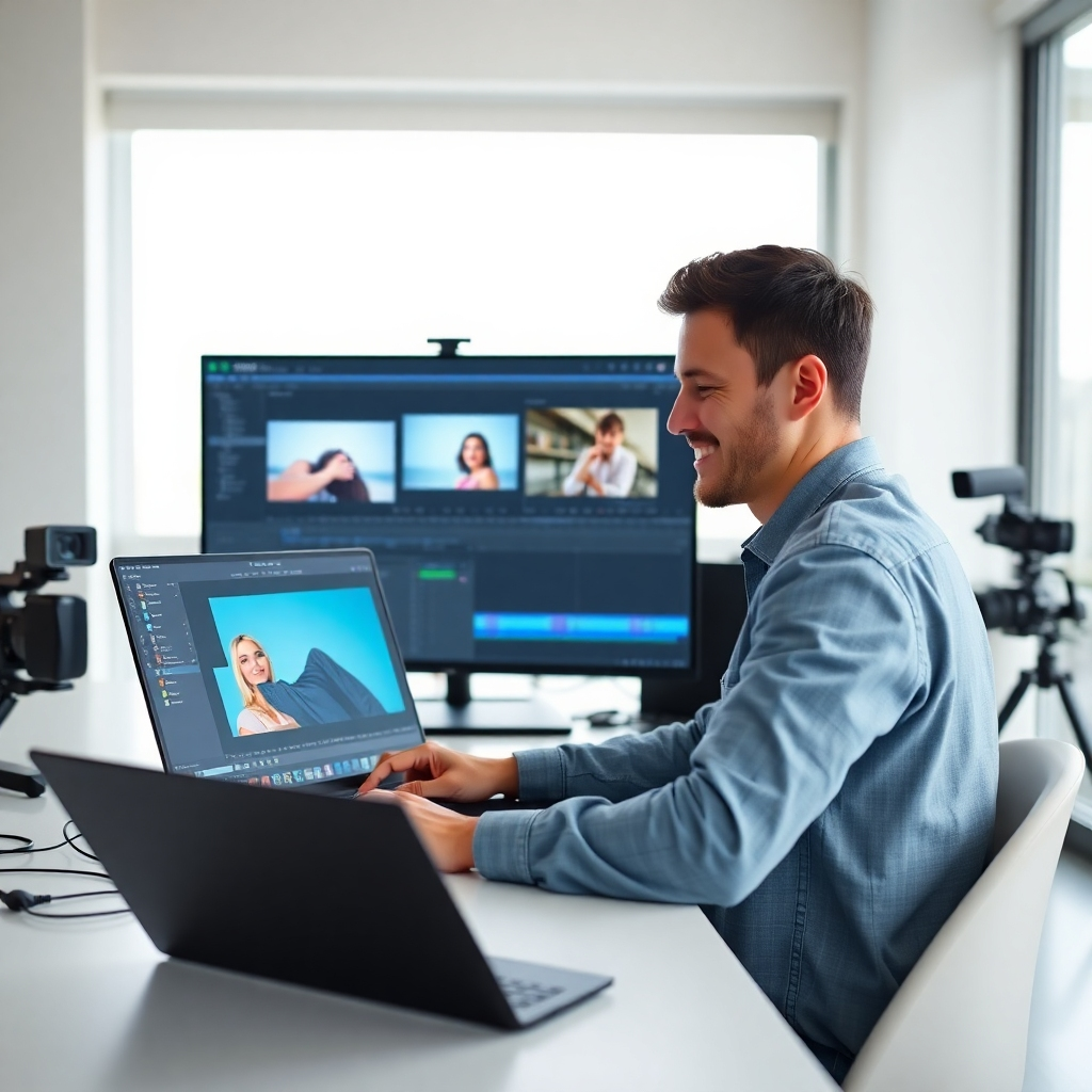 A photorealistic image of a modern, bright workspace with a person using a laptop displaying a design software interface alongside video editing software, showing a smooth transition between the two programs.  The overall mood should be one of efficiency and ease of use, with clean lines and a minimalist aesthetic. Include elements representing both design and video editing, such as a graphic tablet, a video camera, and a monitor showing both a design project and a video editing timeline. The lighting should be natural and well-distributed, highlighting the workspace's organization and technological integration. The person should be subtly visible, focused and happy, emphasizing the user-friendly nature of the software.