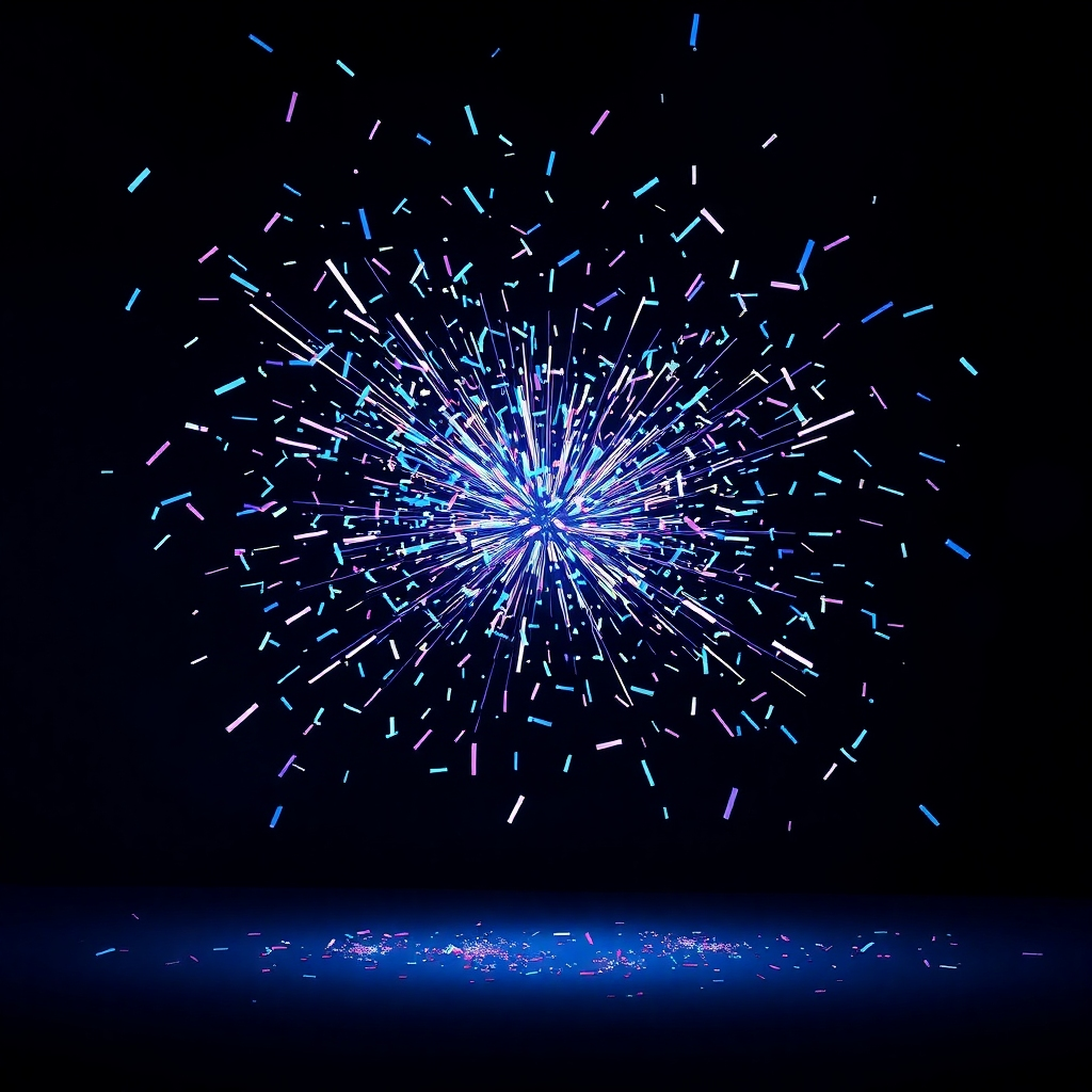 A photorealistic image depicting a vibrant and creative explosion of ideas.  The image should show diverse creative elements such as paint splatters, animated characters, 3D models, video clips, and graphic design elements all intermingling in a dynamic and visually engaging way. The color palette should be rich and varied, reflecting a wide range of creative styles.  The background should be slightly blurred, focusing attention on the central burst of creative elements. Highlighting the versatility and range of creative tools provided in the suite. The overall feel should be one of boundless imagination and artistic freedom.